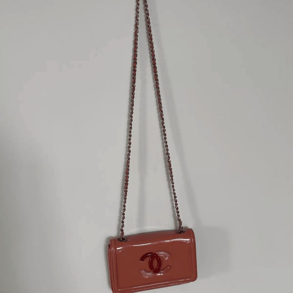 Authentic Chanel Handbag Chain Strap Leather Orange Red